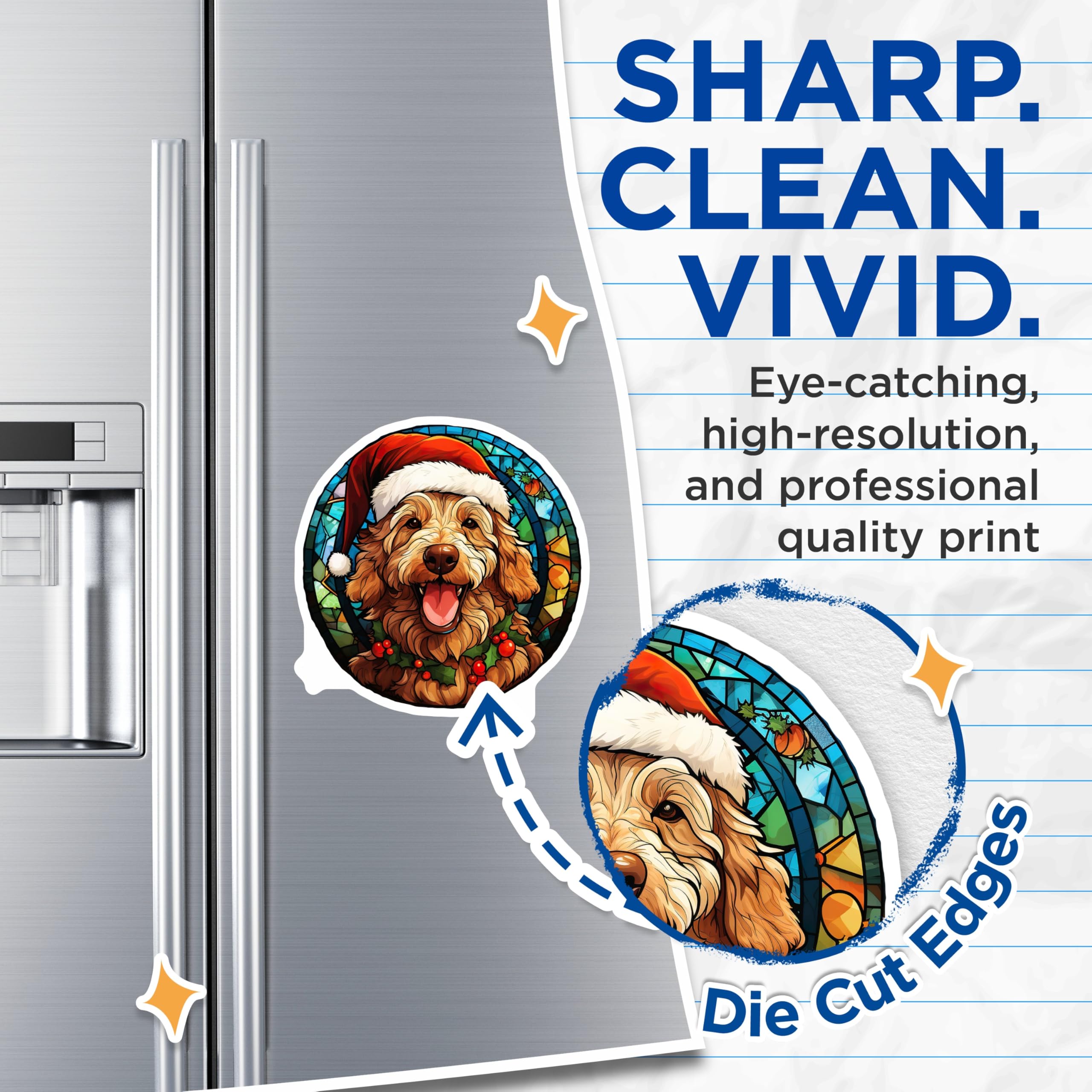 (2 Pack) Goldendoodle Christmas Magnets - Happy Doodle Dog - Stained Glass Pet Art Refrigerator Magnets - 5 Inches On Longest Side - Thick Durable Magnet - Made in USA - MAG29280