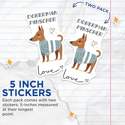 (2 Pack) Doberman Pinscher Dog in Sweater Stickers - Cute Pet Illustration - Animal Love Sticker Pack - 5" On Longest Side - Sticks to Smooth Flat Surfaces - Made in USA - BMCS7298