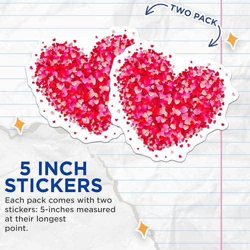 (2 Pack) Heart Shape Stickers - Love Theme Stickers - Red Pink Romantic Heart - 5" On Longest Side - Sticks to Any Smooth Flat Surface - Made in USA - BMCS3520