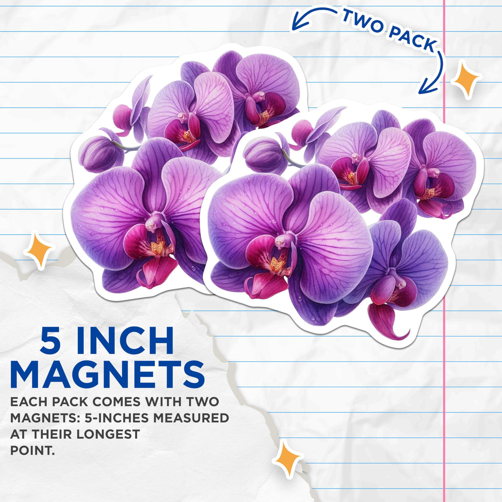 (2 Pack) Purple Orchid Magnets - Vibrant Floral Refrigerator Decor - Exotic Botanical Home Kitchen Locker Magnets - 5 Inches On Longest Side - Thick Durable Magnet - Made in USA - MAG20886