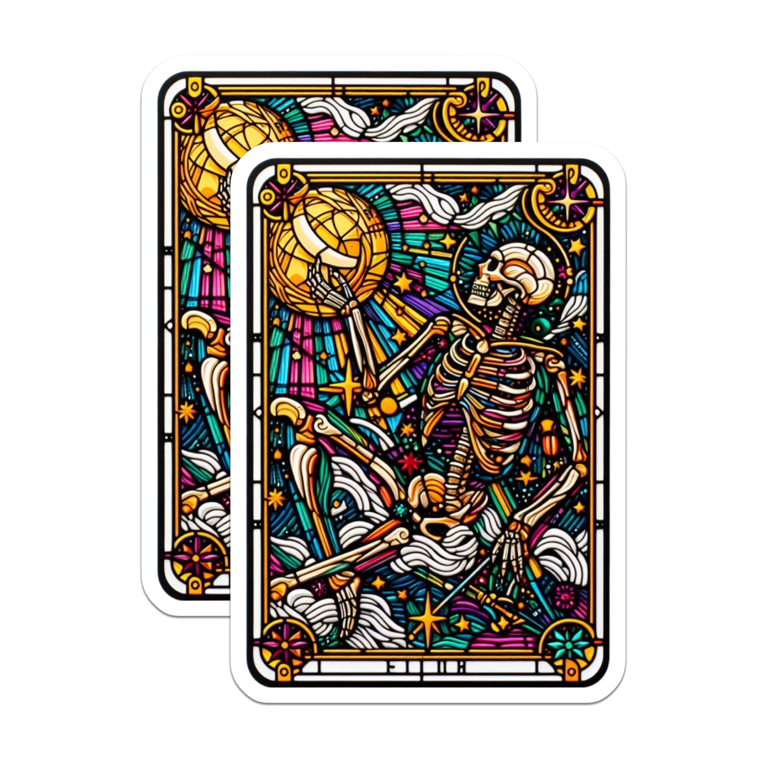 (2 Pack) Stained Glass Skeleton Magnets - Cosmic Celestial Design - Mystical Vibrant Art - 5 Inches On Longest Side - Thick Durable Magnet - Made in USA - MAG23150