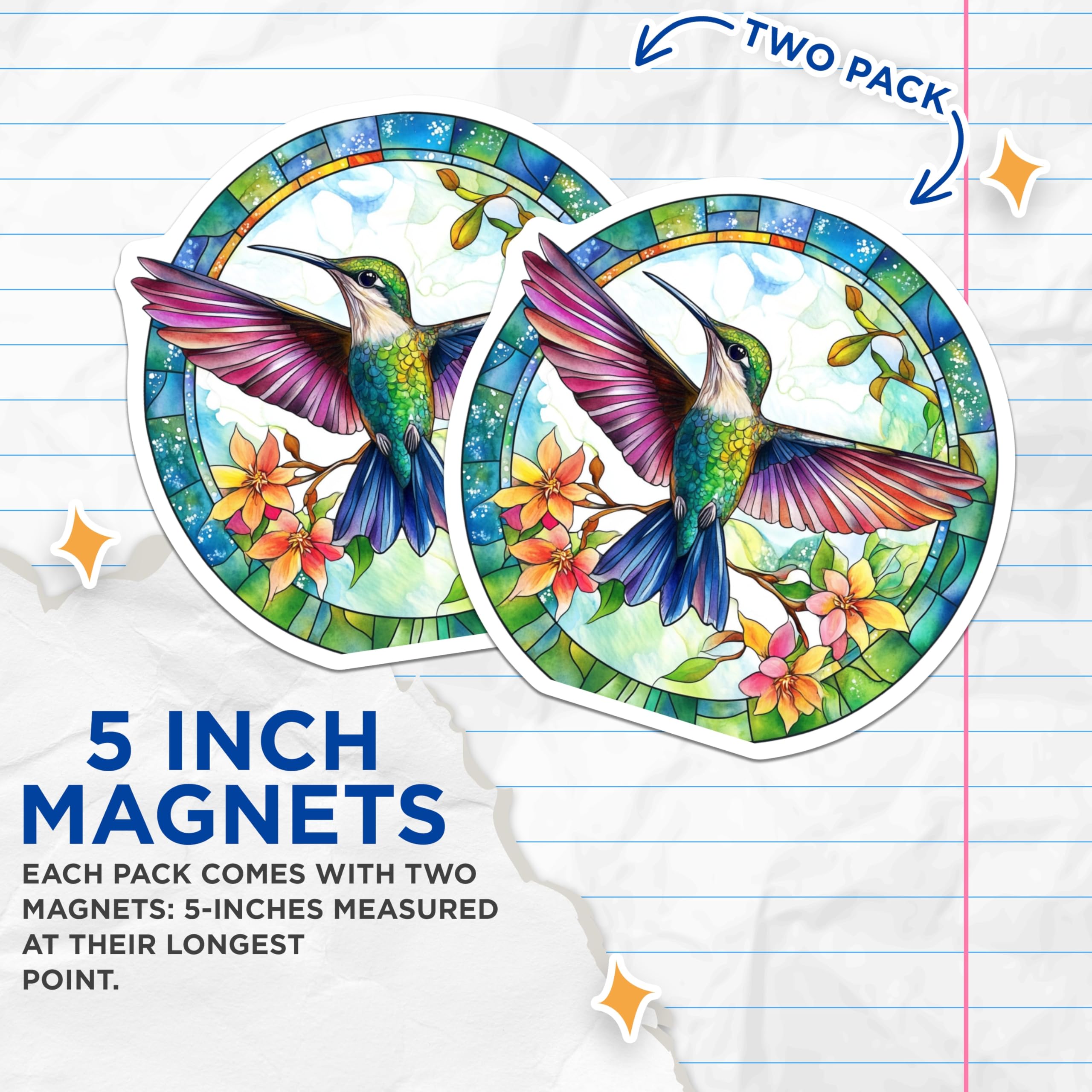 (2 Pack) Hummingbird Stained Glass Magnets - Nature Lover Decor - Fridge Magnets Aesthetic - 5 Inches On Longest Side - Thick Durable Magnet - Made in USA - MAG26633