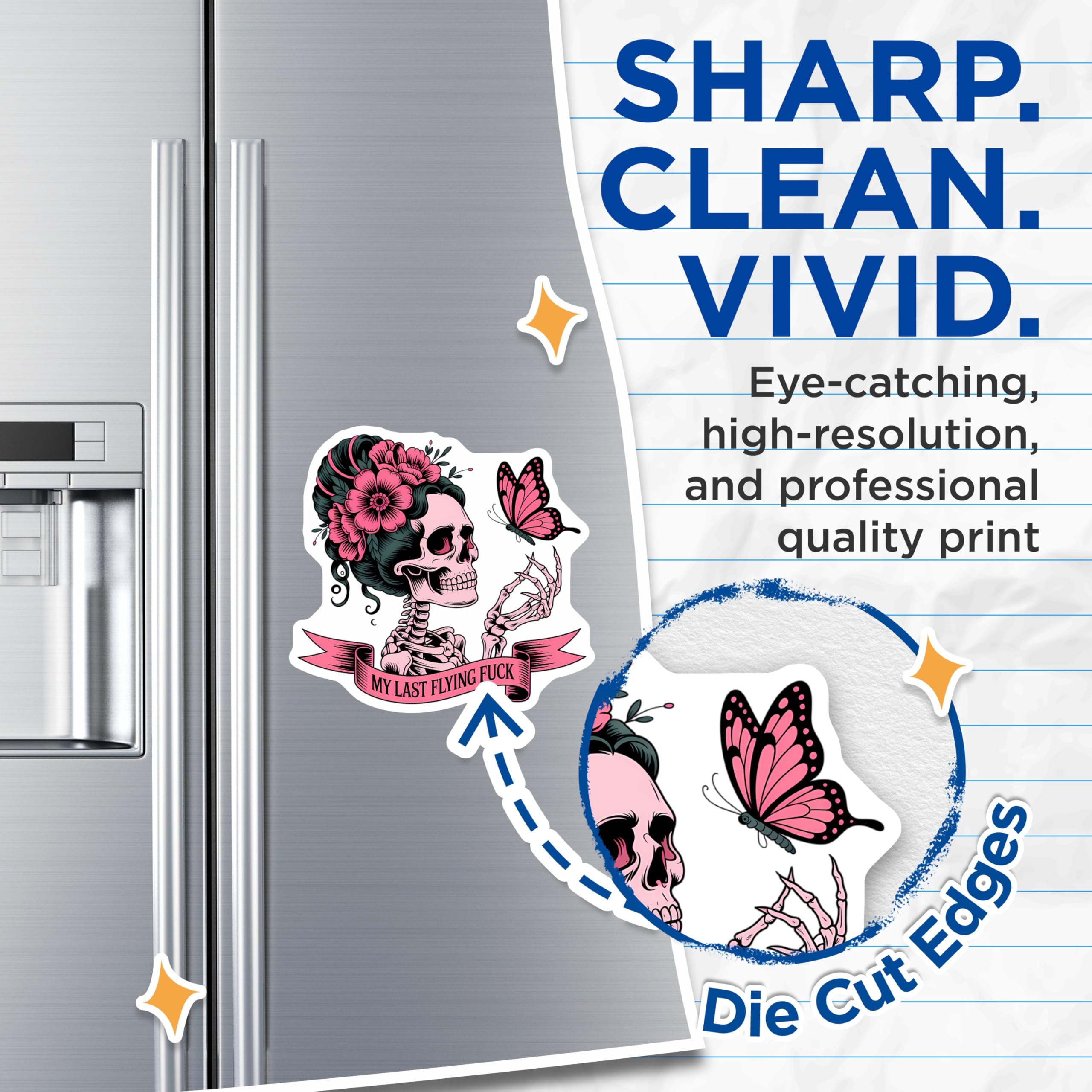 (2 Pack) Edgy Skeleton Magnets - My Last Flying Fuck Humor - Floral Pink Butterfly Skull - Quirky Refrigerator Home Decor - 5 Inches On Longest Side - Thick Durable Magnet - Made in USA - MAG22688