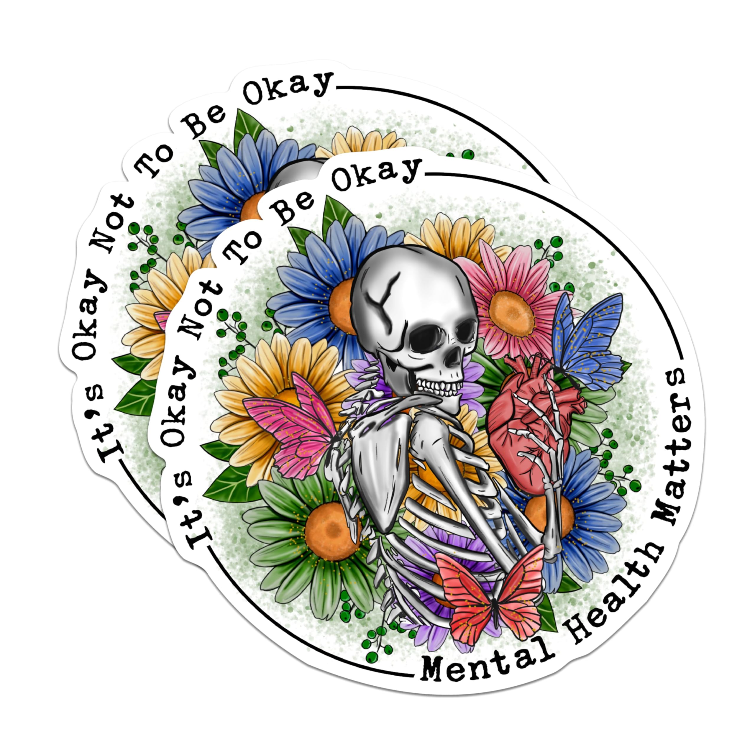 (2 Pack) It's Okay Not to Be Okay Magnets - Mental Health Matters - Skeleton Holding Heart - Encouraging Floral - 5" On Longest Side - for Fridges, Toolboxes, Cars - Made in USA - MAG3003