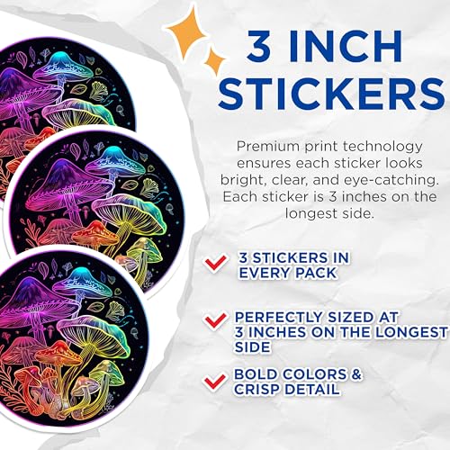 (3 Pack) Mushroom Decals - Psychedelic Stickers - Laptop Decal - Funky Colorful Art- 3 Inches On Longest Side - Easy Peel & Apply - Made in USA - 3MCS5531