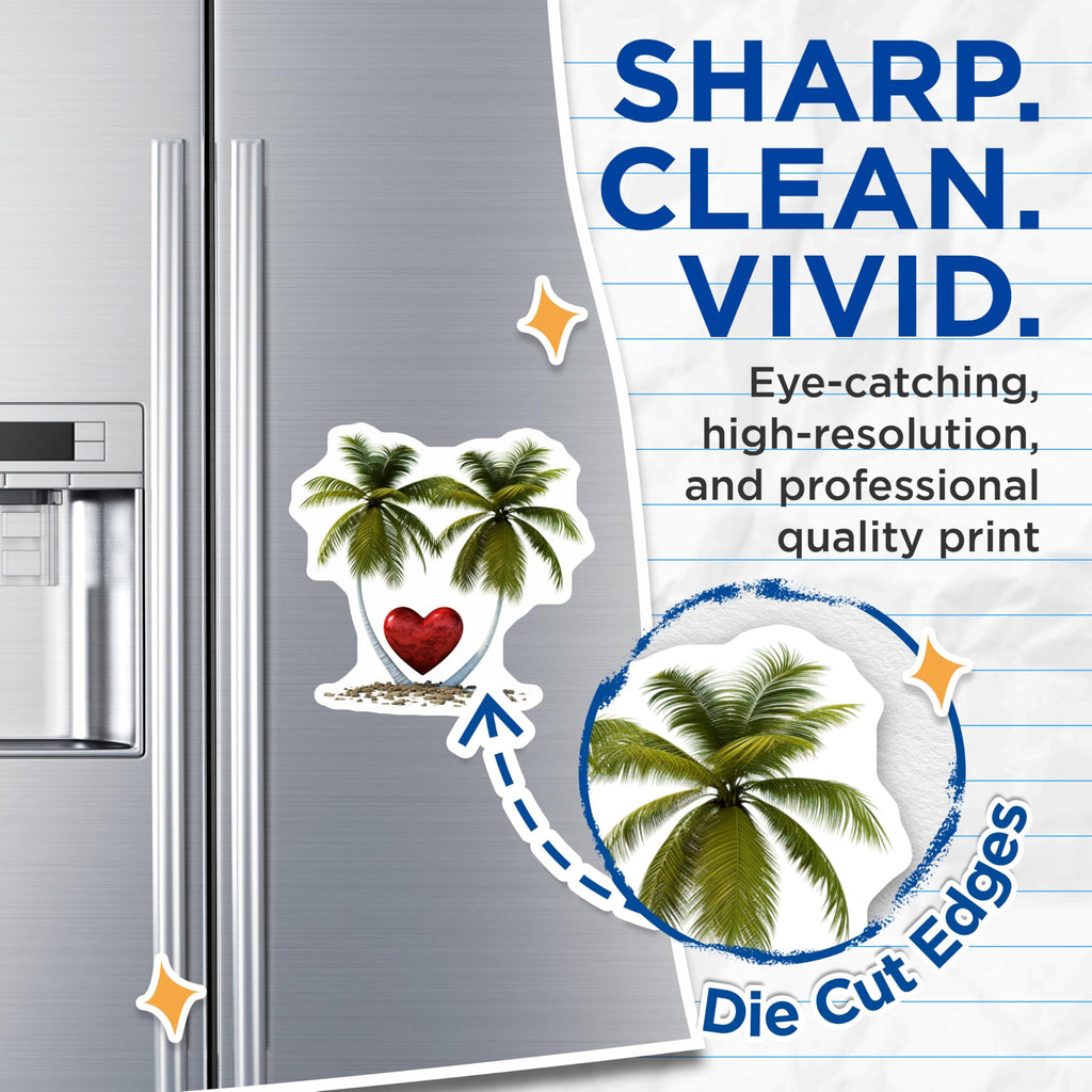(2 Pack) Tropical Palm Tree Magnets - Romantic Heart Island Decor - Beach Vacation Scene Magnets - Aesthetic Refrigerator Art - 5 Inches On Longest Side - Thick Durable Magnet - Made in USA - MAG19949