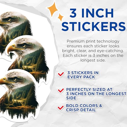 (3 Pack) Eagle Forest Decals - Bird of Prey Art - Wilderness Landscape Stickers - 3 Inches On Longest Side - Easy Peel & Apply - Made in USA - 3MCS1143