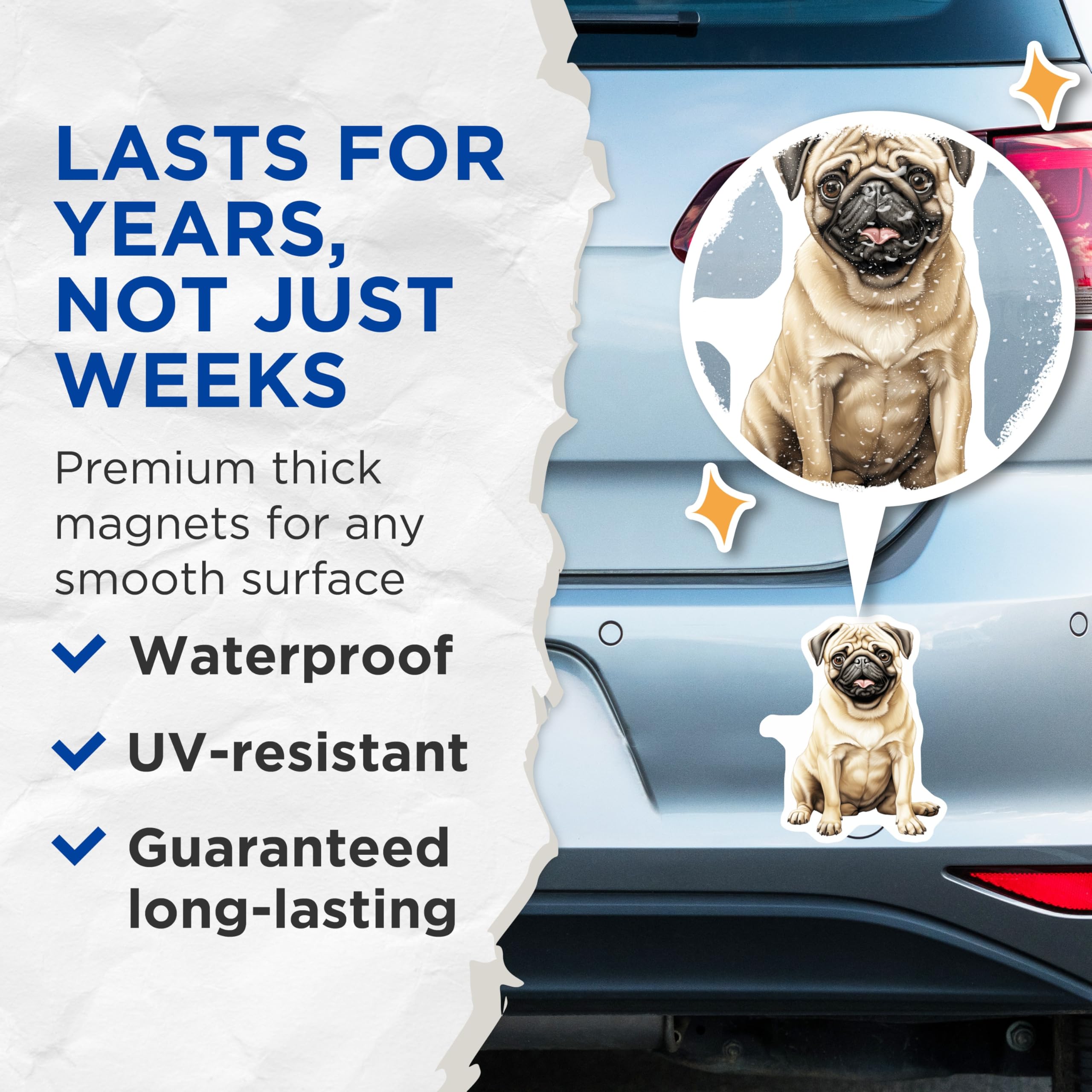 (2 Pack) Cute Pug Dog Magnets - Pet Lover Decor - Refrigerator Accent Piece - 5 Inches On Longest Side - Thick Durable Magnet - Made in USA - MAG27898