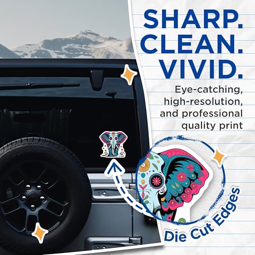 (2 Pack) Elephant Sugar Skull Stickers - Day of The Dead - Colorful Floral Design - 5" On Longest Side - Sticks to Smooth Flat Surfaces - Made in USA - BMCS9464