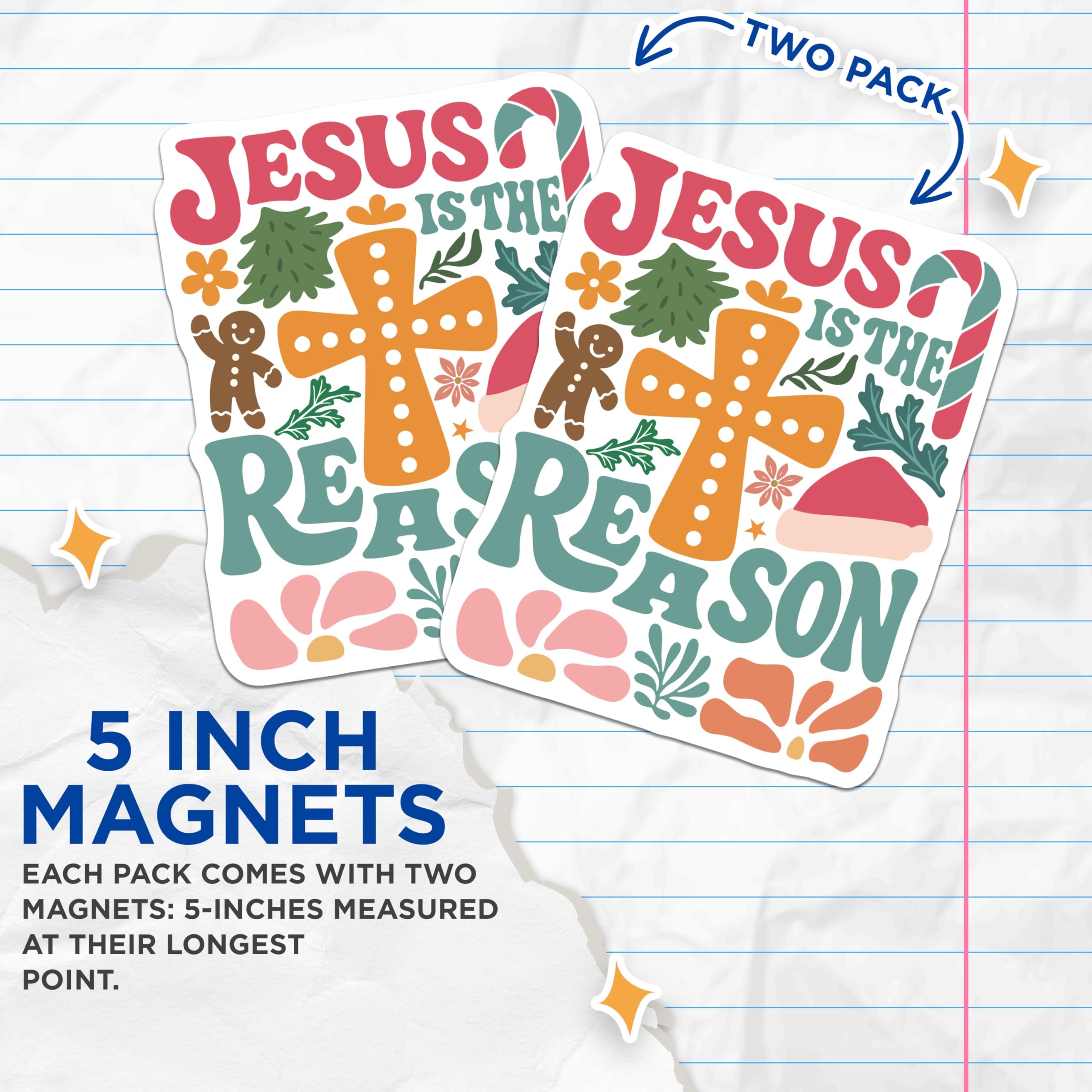 (2 Pack) Jesus is The Reason Christmas Magnets - Retro Christian Holiday Decor - Faith Based Refrigerator Accent - 5 Inches On Longest Side - Thick Durable Magnet - Made in USA - MAG28423