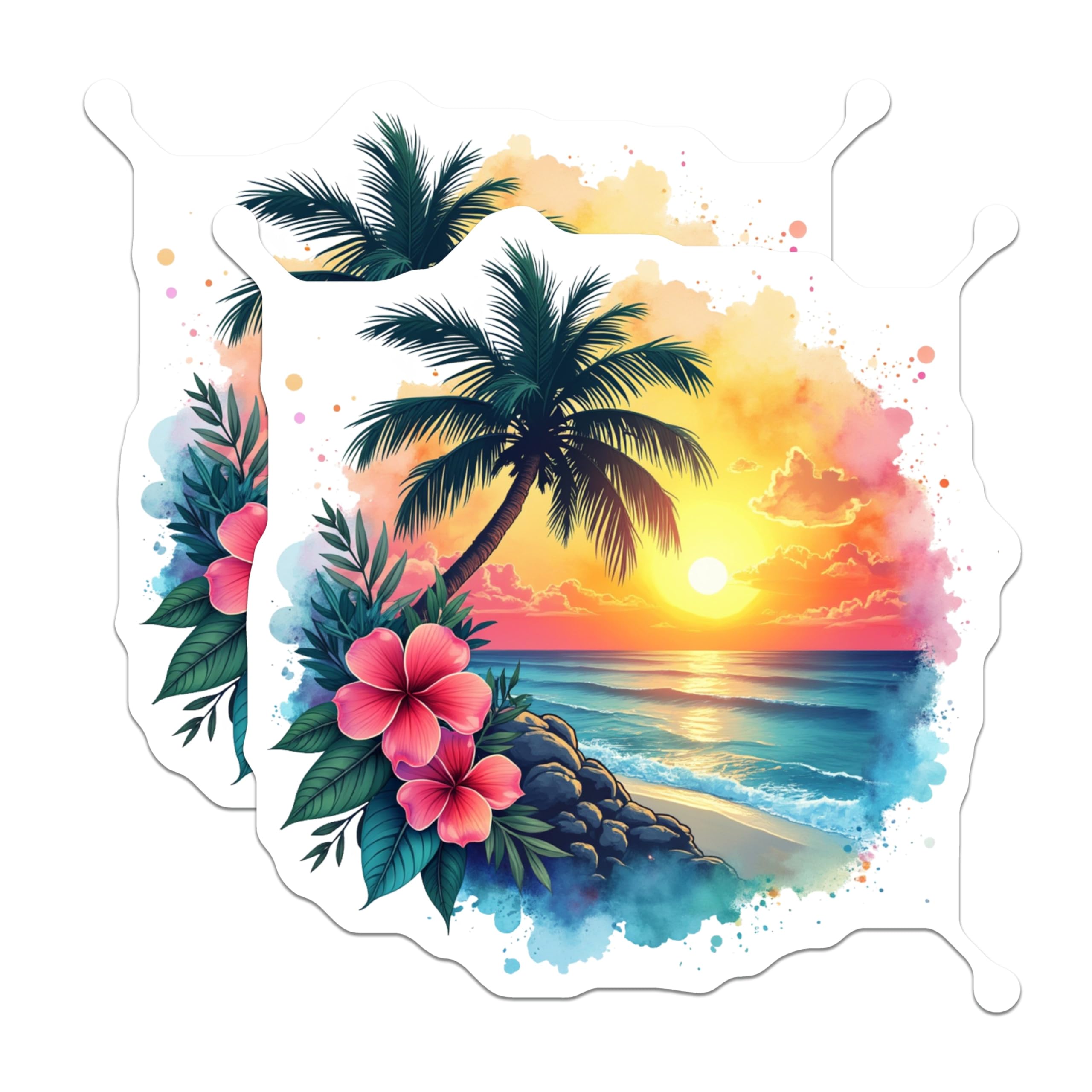 (2 Pack) Tropical Sunset Magnets - Beach Palm Tree Ocean Scene - Hibiscus Floral Vacation Decor - 5 Inches On Longest Side - Thick Durable Magnet - Made in USA - MAG27782