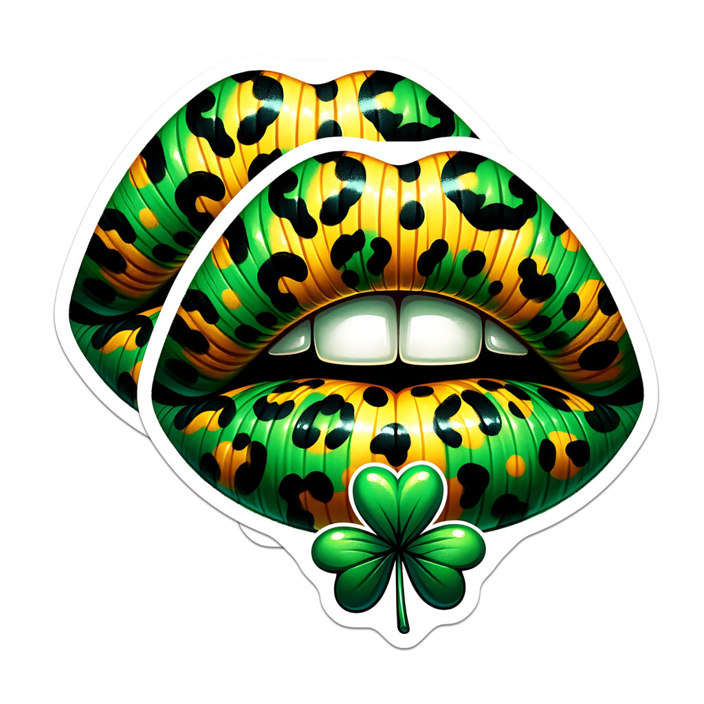 (2 Pack) Leopard Lips Stickers - St Patricks Day - Irish Shamrock Stickers - 5" On Longest Side - Sticks to Smooth Flat Surfaces - Made in USA - BMCS17136