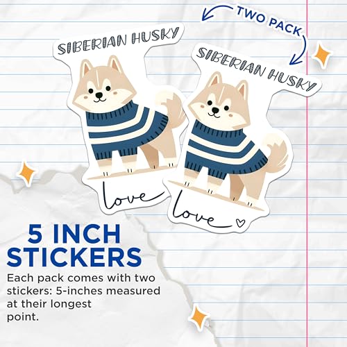 (2 Pack) Siberian Husky Stickers - Cute Dog Stickers - Pet Lover Decals - 5" On Longest Side - Sticks to Smooth Flat Surfaces - Made in USA - BMCS7310