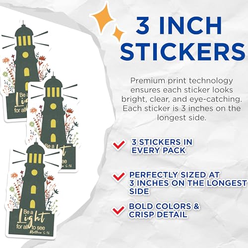 (3 Pack) Lighthouse Decals - Be A Light Decal - Christian Verse Decal - 3 Inches On Longest Side - Easy Peel & Apply - Made in USA - 3MCS2933