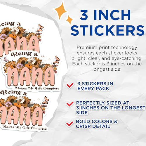 (3 Pack) Nana Decals - Being A Nana - Floral Stickers - 3 Inches On Longest Side - Easy Peel & Apply - Made in USA - 3MCS4701