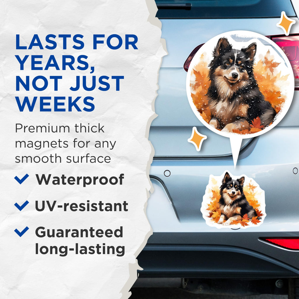 (2 Pack) Australian Shepherd Magnets - Autumn Dog Art - Fall Foliage Pet Illustration - Cute Aussie Dog - Animal Lover Decor - 5 Inches On Longest Side - Thick Durable Magnet - Made in USA - MAG24135