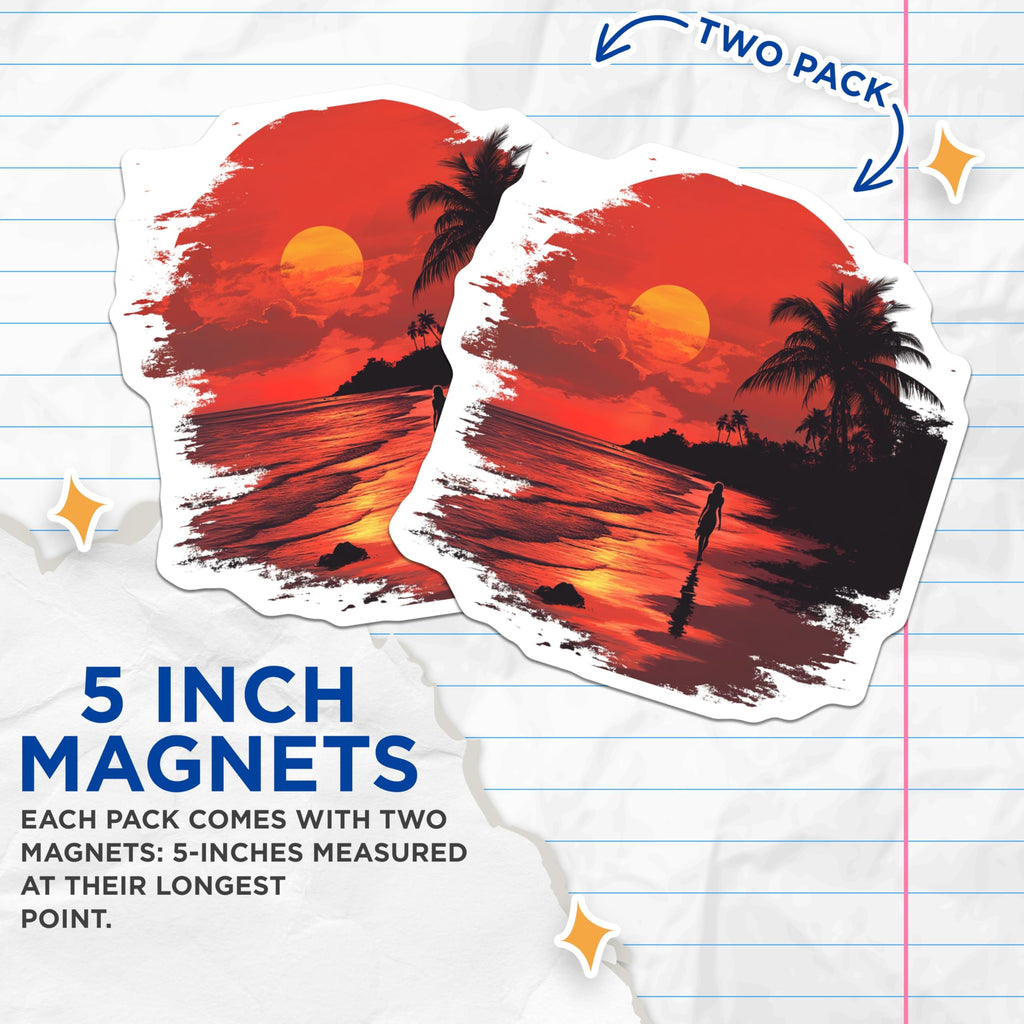 (2 Pack) Tropical Sunset Magnets - Woman on Beach Scene - Vibrant Ocean Palm Trees - Island Vacation Art - Coastal Home Decor - 5 Inches On Longest Side - Thick Durable Magnet - Made in USA - MAG24954