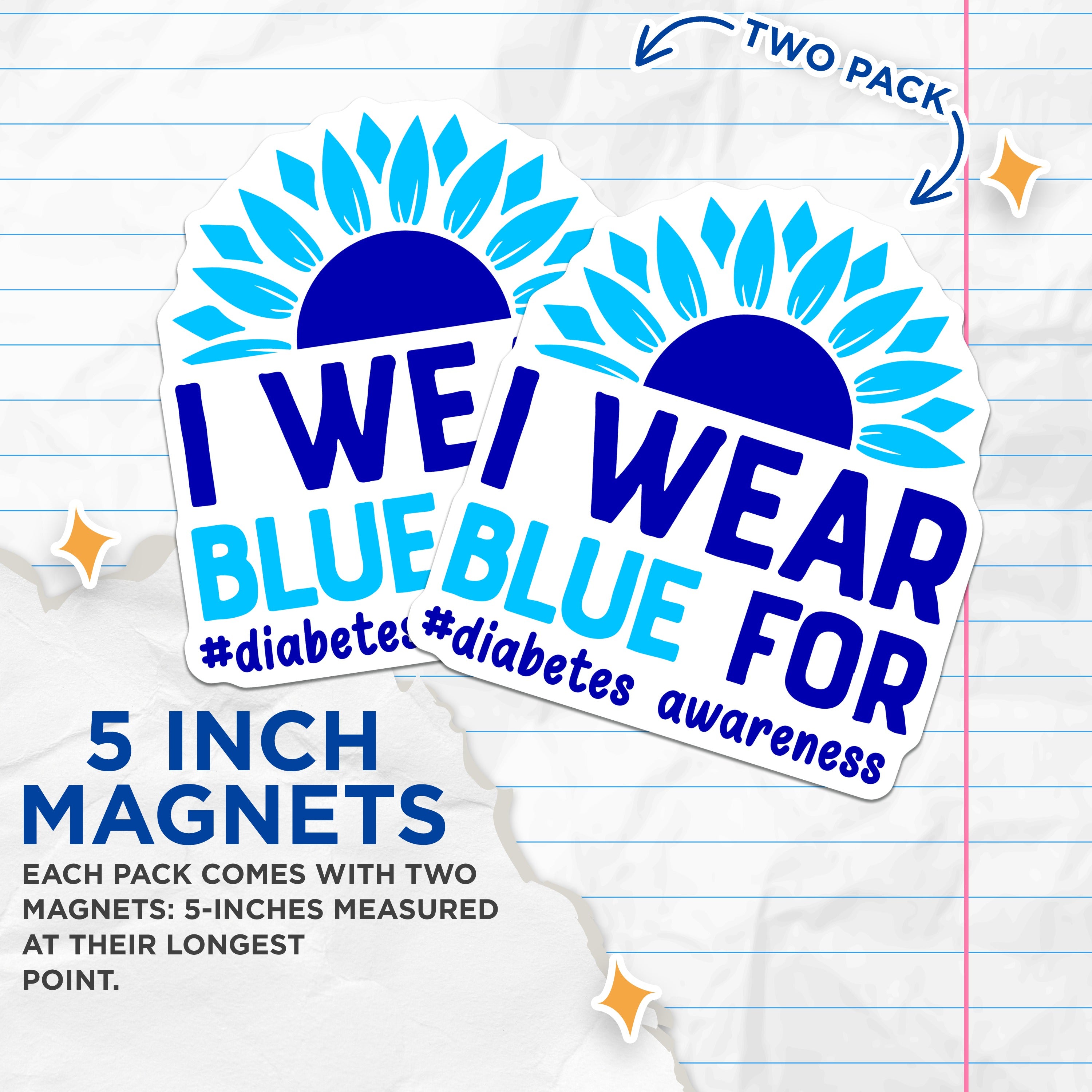 (2 Pack) Diabetes Awareness Magnets - Blue Ribbon Support Decor - Medical Advocate - Health Cause Refrigerator Display - 5 Inches On Longest Side - Thick Durable Magnet - Made in USA - MAG38244