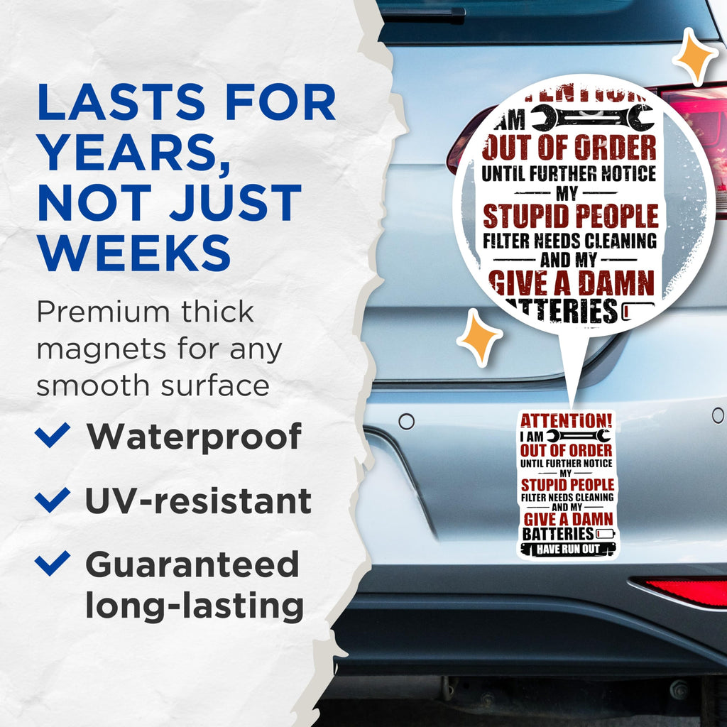 (2 Pack) Out of Order Magnets - Sarcastic Attention Magnet - Funny Workplace Decor - 5" On Longest Side - Premium Magnet - for Cars, Refrigerators, Toolboxes, Lockers - Made in USA - MAG15394