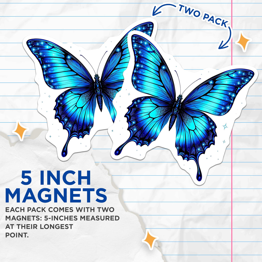 (2 Pack) Butterfly Magnets - Blue Celestial Butterfly - Refrigerator Decor - 5" On Longest Side - Premium Magnet - for Cars, Refrigerators, Toolboxes, Lockers - Made in USA - MAG15251