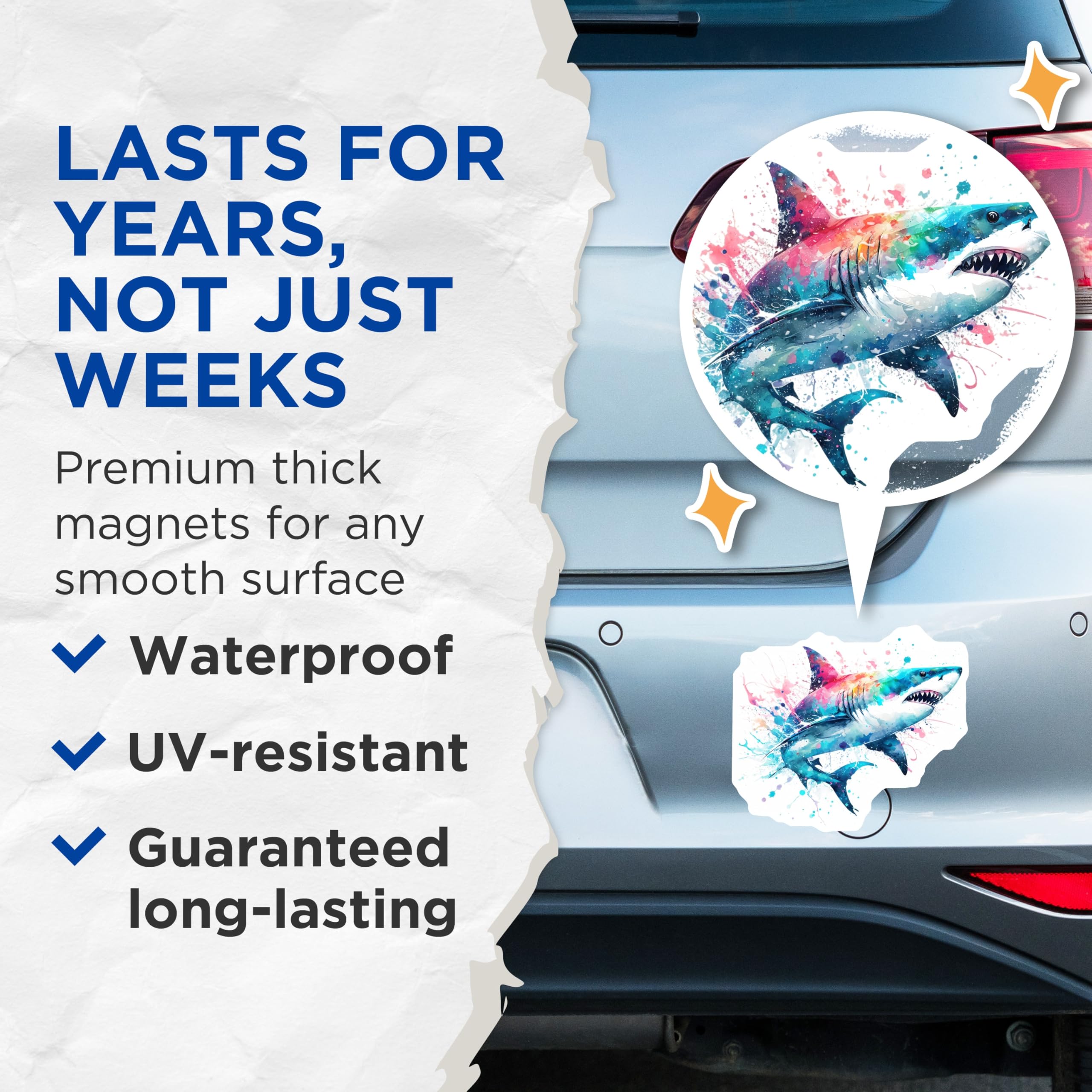 (2 Pack) Shark Magnets - Watercolor Shark Art - Fridge Magnets - 5" On Longest Side - Premium Magnet - for Cars, Refrigerators, Toolboxes, Lockers - Made in USA - MAG15354