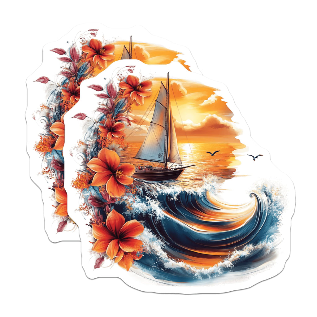 (2 Pack) Tropical Sunset Sailboat Magnets - Ocean Waves and Hibiscus Art - Coastal Beach House Nautical Decor - 5 Inches On Longest Side - Thick Durable Magnet - Made in USA - MAG19870
