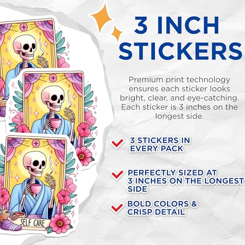 (3 Pack) Self Care Tarot Decals - Skeleton Smoking - Relaxing Vibes - 3 Inches On Longest Side - Easy Peel & Apply - Made in USA - 3MCS8212