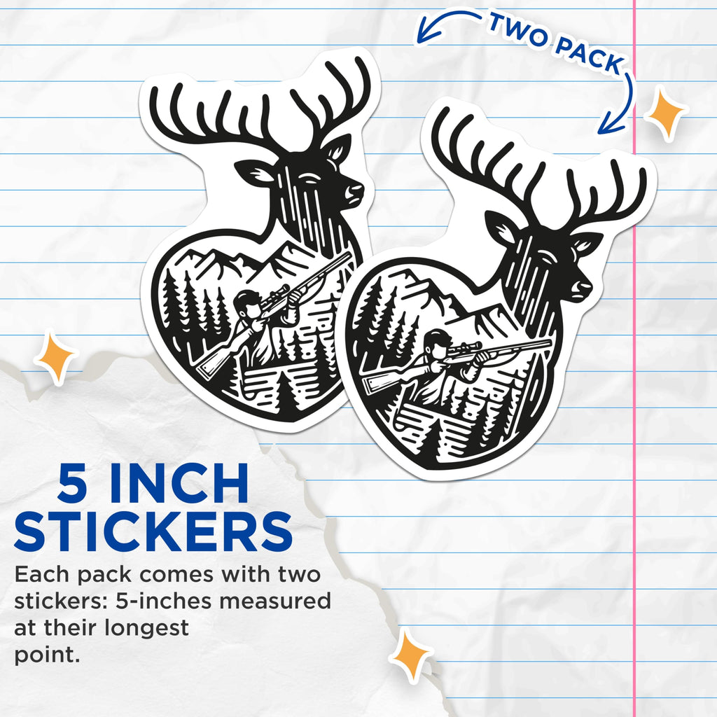 (2 Pack) Deer Hunting Stickers - Hunter Rifle Silhouette - Mountain Forest Outdoors - 5" On Longest Side - Sticks to Smooth Flat Surfaces - Made in USA - BMCS21227