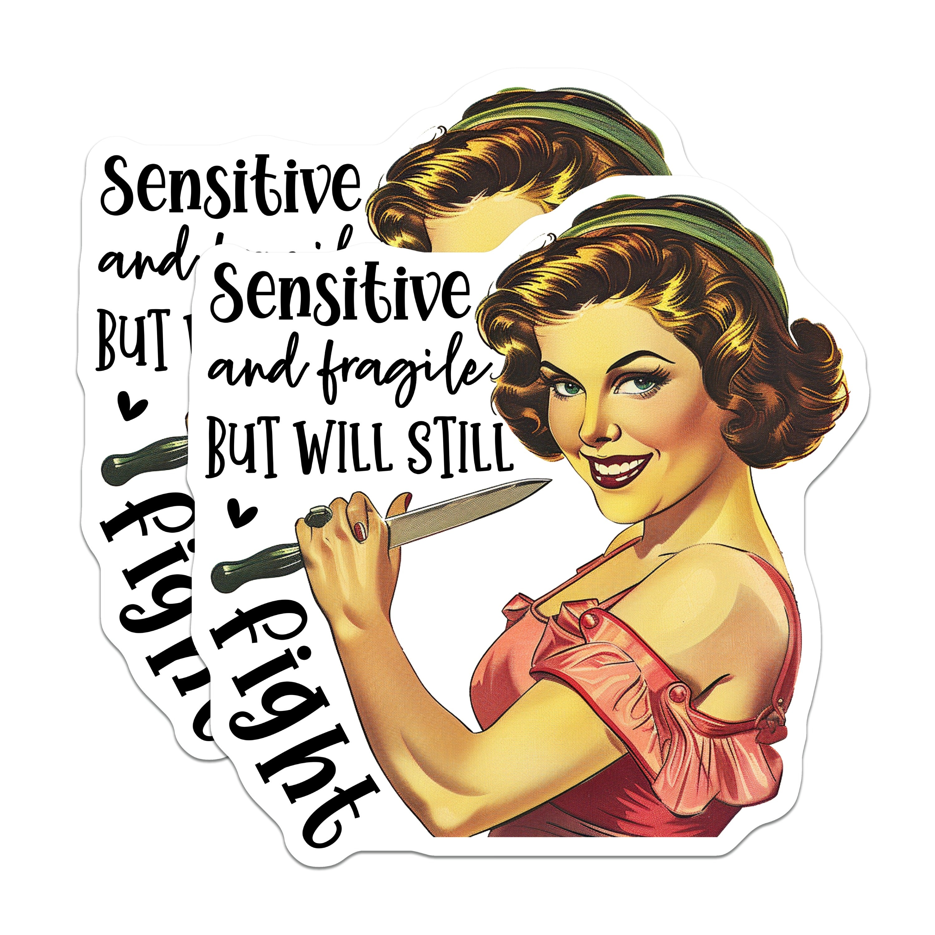 (2 Pack) Sensitive Fragile Magnets - Retro Pinup Girl Art - Sassy Woman Quote - Empowering Statement - Humorous Fridge Decor - 5 Inches On Longest Side - Thick Durable Magnet - Made in USA - MAG38362