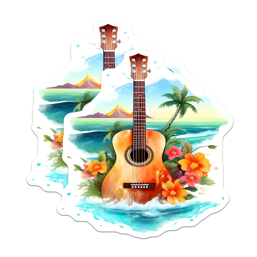 (2 Pack) Tropical Guitar Magnets - Hawaiian Island Beach Scene - Ocean Music Aesthetic Refrigerator Magnets - 5 Inches On Longest Side - Thick Durable Magnet - Made in USA - MAG21876
