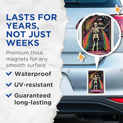 (2 Pack) Queer Magician Magnets - Rainbow Skeleton - LGBTQ+ Goth - Cosmic Skeleton Artwork - Vibrant Skeleton - 5" On Longest Side - for Cars, Fridges, Toolboxes - Made in USA - MAG4258