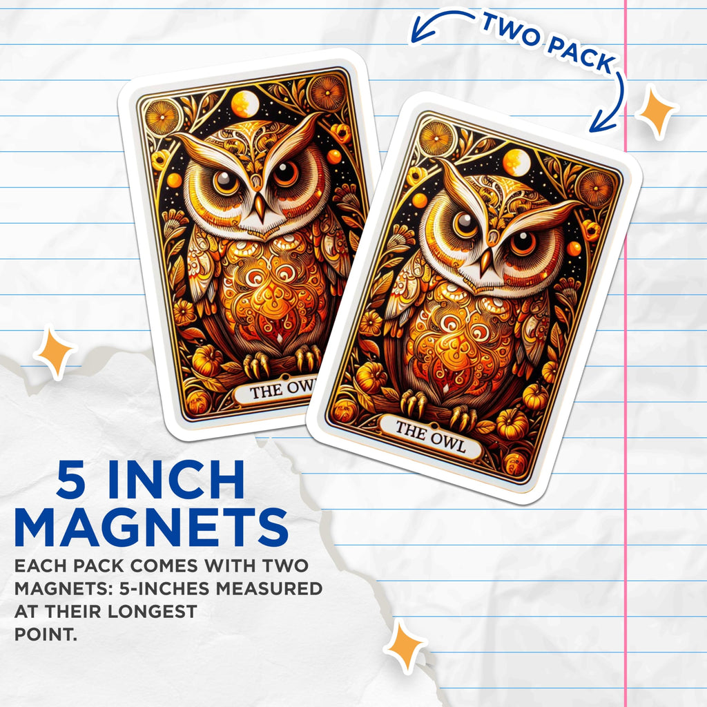 (2 Pack) Ornate Golden Owl Magnets - Mystical Tarot Card Art - Autumn Wildlife Decorative Magnets - 5 Inches On Longest Side - Thick Durable Magnet - Made in USA - MAG22359