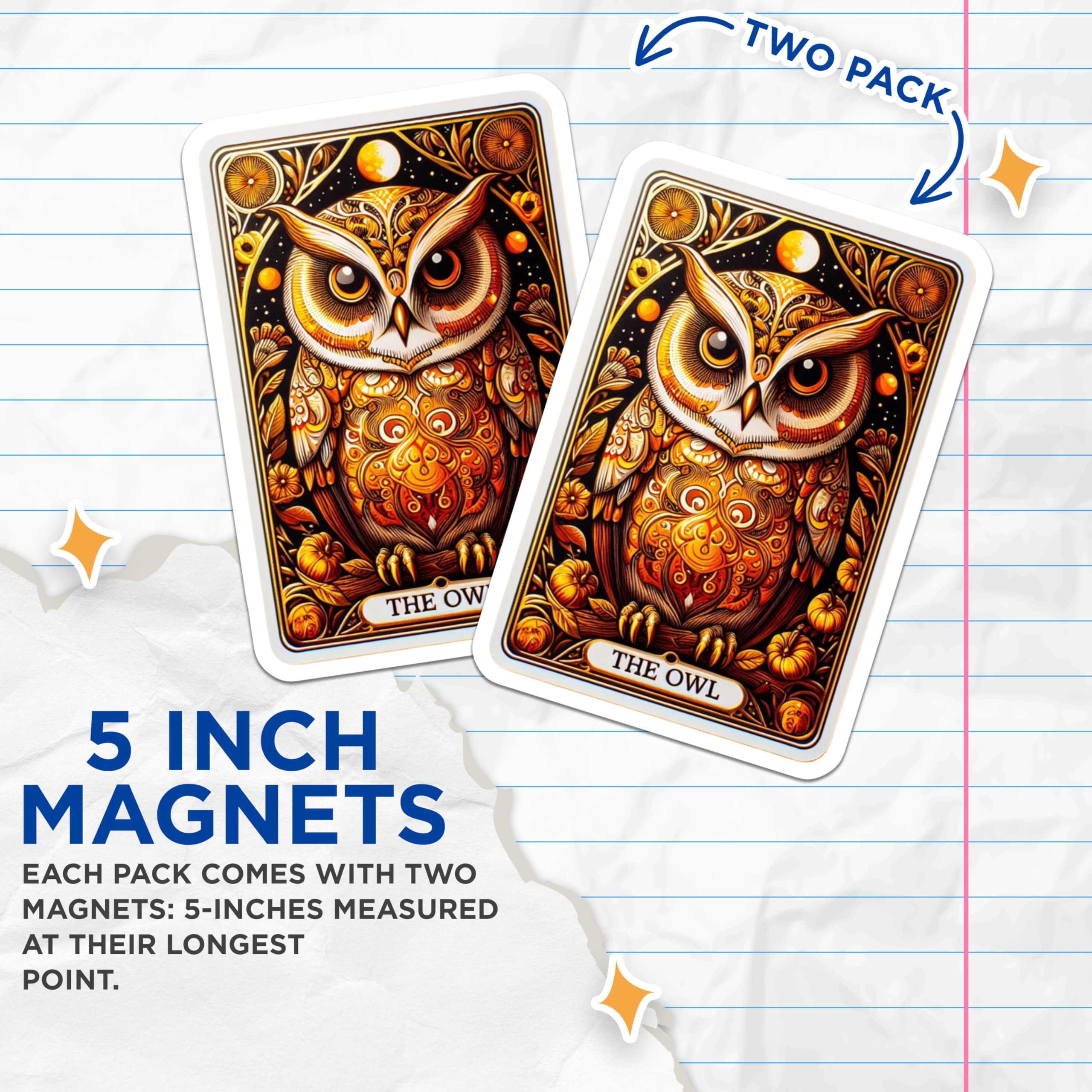 (2 Pack) Ornate Golden Owl Magnets - Mystical Tarot Card Art - Autumn Wildlife Decorative Magnets - 5 Inches On Longest Side - Thick Durable Magnet - Made in USA - MAG22359