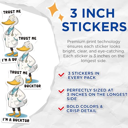 (3 Pack) Ducktor Decals - Doctor Duck - Funny Duck Sayings - 3 Inches On Longest Side - Easy Peel & Apply - Made in USA - 3MCS2096
