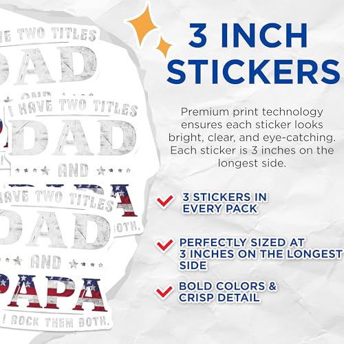 (3 Pack) Dad Papa Decals - American Flag Father - Patriotic Laptop Decal - 3 Inches On Longest Side - Easy Peel & Apply - Made in USA - 3MCS7657