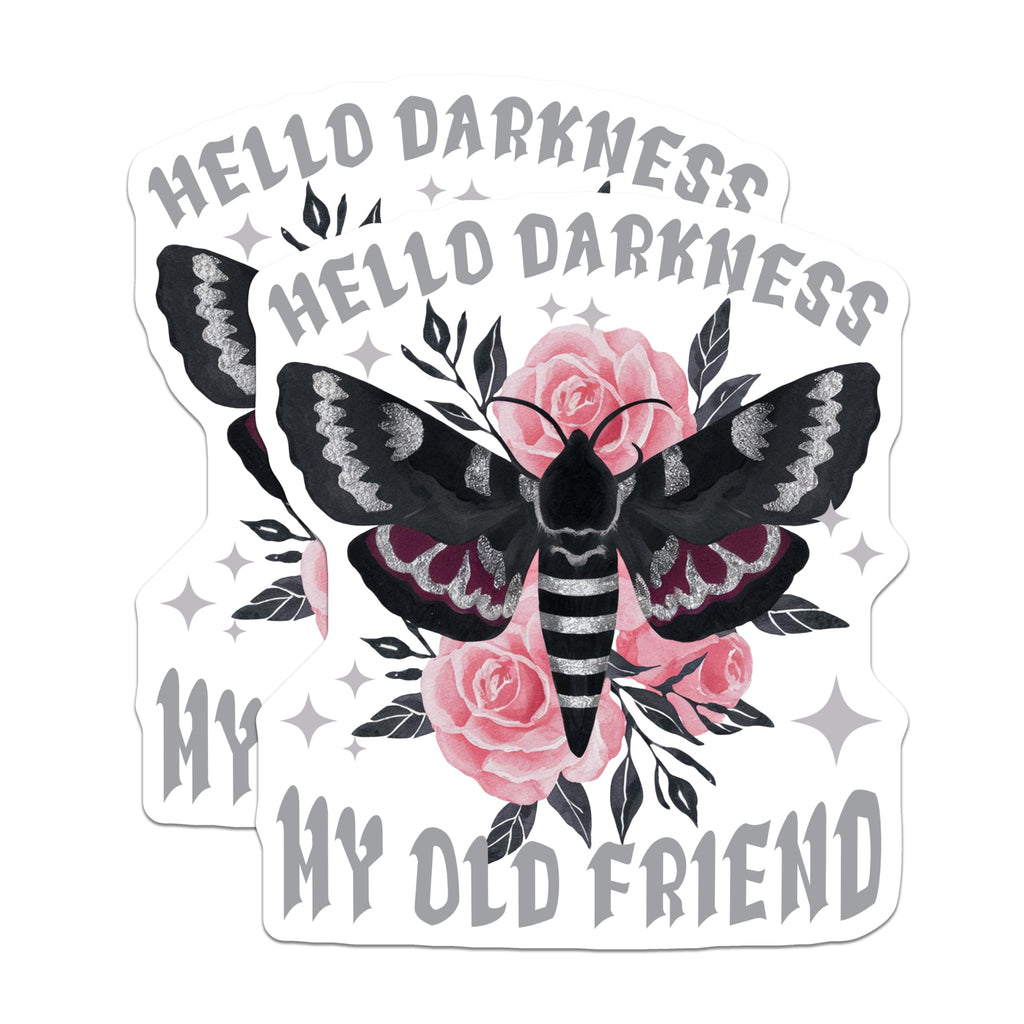 (2 Pack) Hello Darkness Stickers - Moth and Roses - Gothic Stickers - 5" On Longest Side - Sticks to Smooth Flat Surfaces - Made in USA - BMCS18799