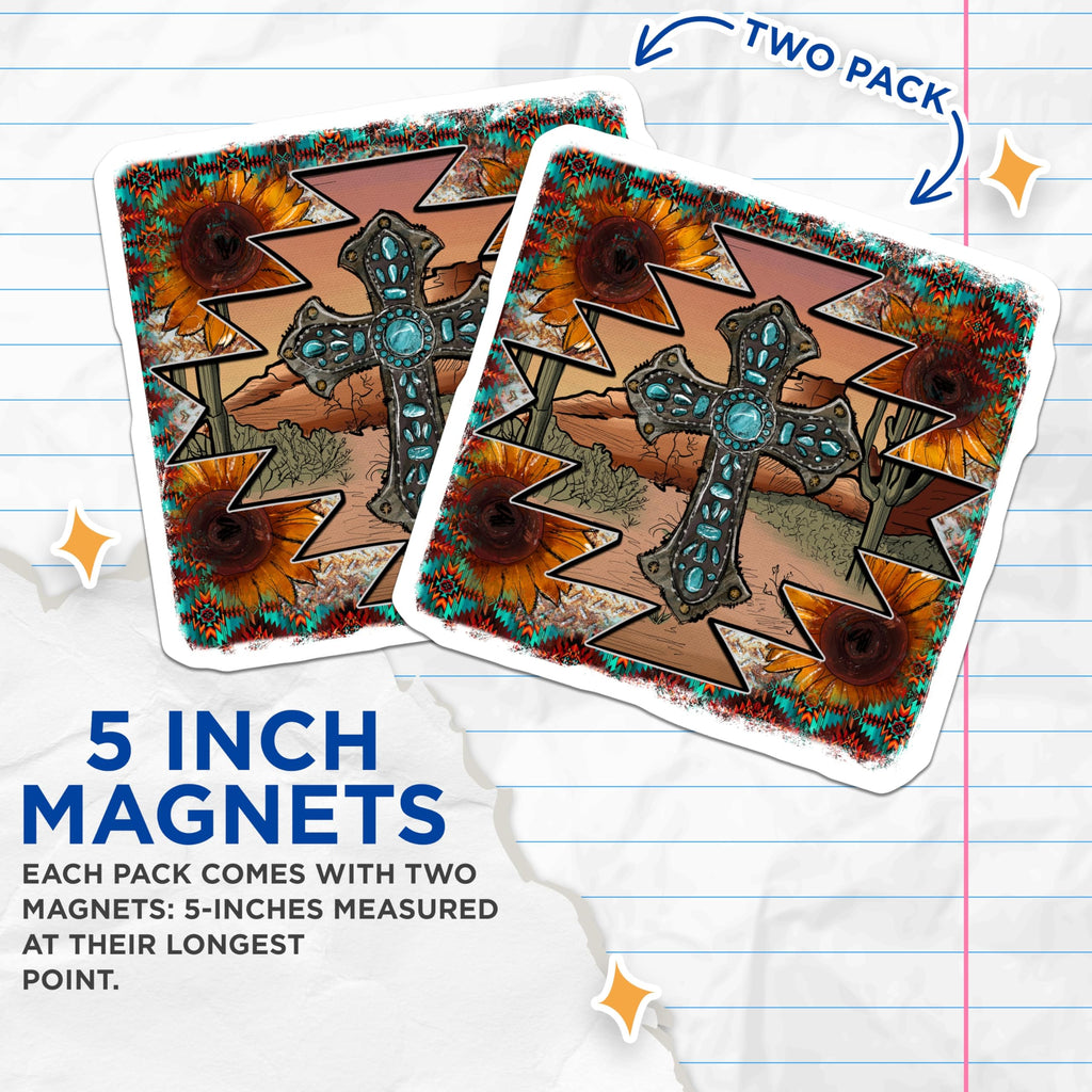 (2 Pack) Southwestern Cross Magnets - Turquoise Desert Art - Boho Western Home Decor - 5 Inches On Longest Side - Thick Durable Magnet - Made in USA - MAG25400