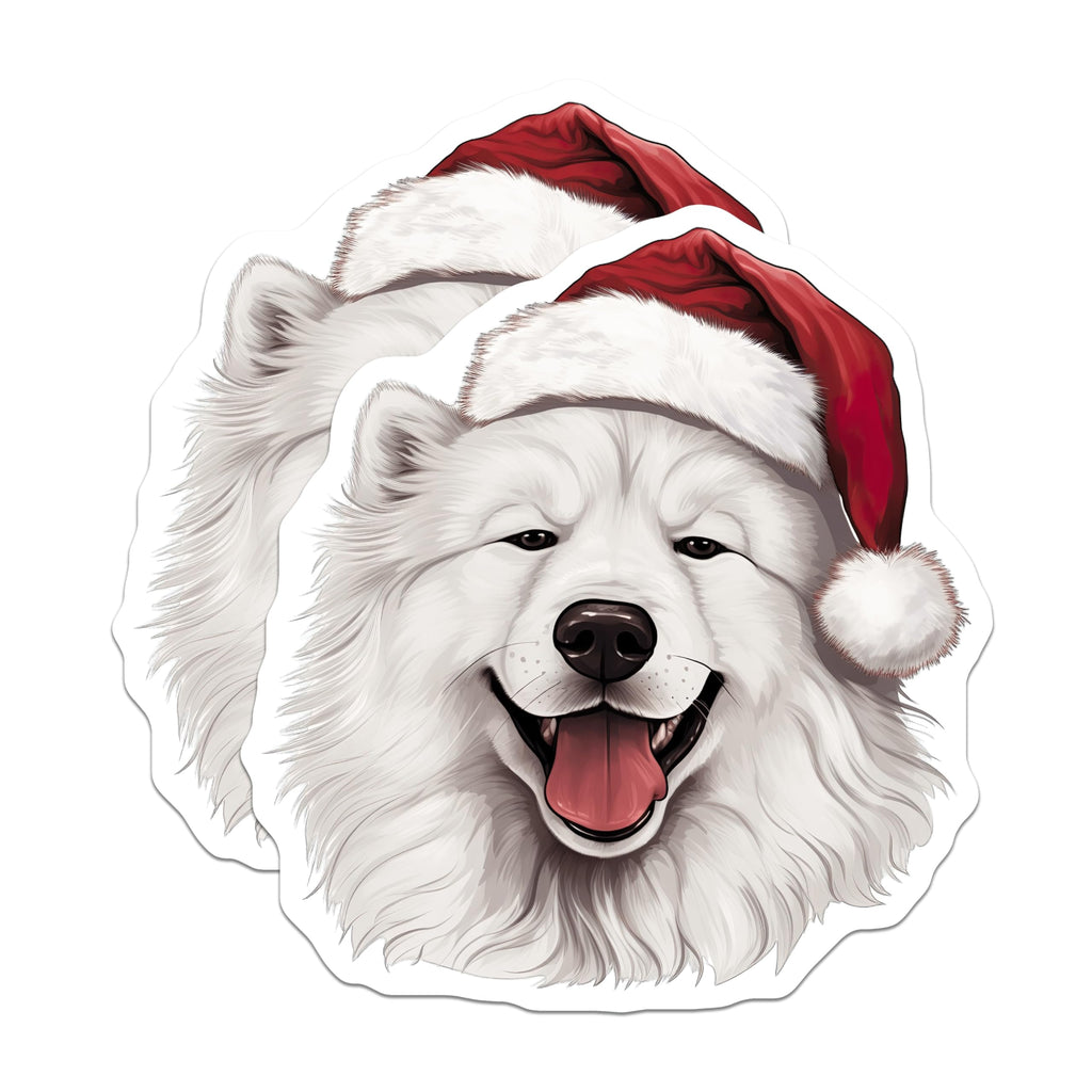 (2 Pack) Samoyed Dog Christmas Magnets - Santa Hat Puppy - Happy White Dog - Festive Animal Lover Decor - 5 Inches On Longest Side - Thick Durable Magnet - Made in USA - MAG25998