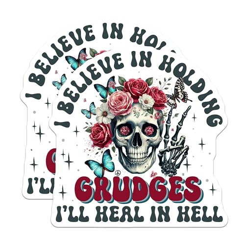 (2 Pack) I Believe in Holding Grudges Stickers - Dark Humor Skull Stickers - Floral Skull Quote Stickers - 5" On Longest Side - Sticks to Smooth Flat Surfaces - Made in USA - BMCS5099