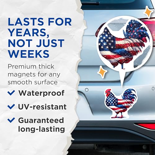 (2 Pack) Patriotic Rooster Magnets - American Flag Design - Kitchen Decor - Fridge Magnets - USA Pride - 5" On Longest Side - for Cars, Fridges, Toolboxes - Made in USA - MAG7180
