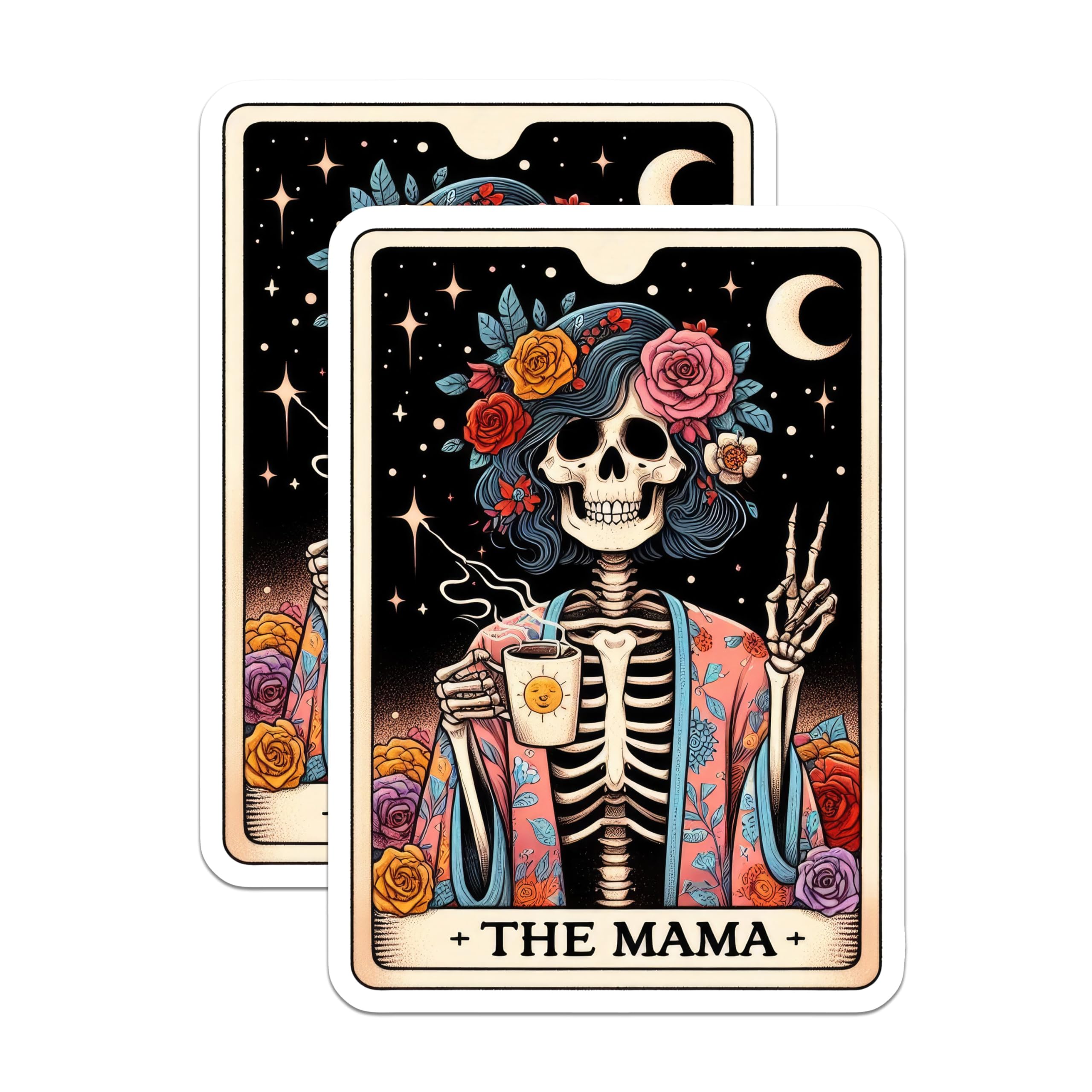 (2 Pack) Skull Mama Stickers - Skeleton Stickers for Moms - Floral Skeleton Decal - Unique Gothic Stickers - 5" On Longest Side - Sticks to Smooth Flat Surfaces - Made in USA - BMCS5451