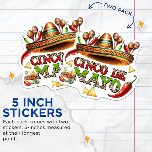 (2 Pack) Cinco De Mayo Stickers - Festive Fiesta - Mexican Celebration - 5" On Longest Side - Sticks to Smooth Flat Surfaces - Made in USA - BMCS9757