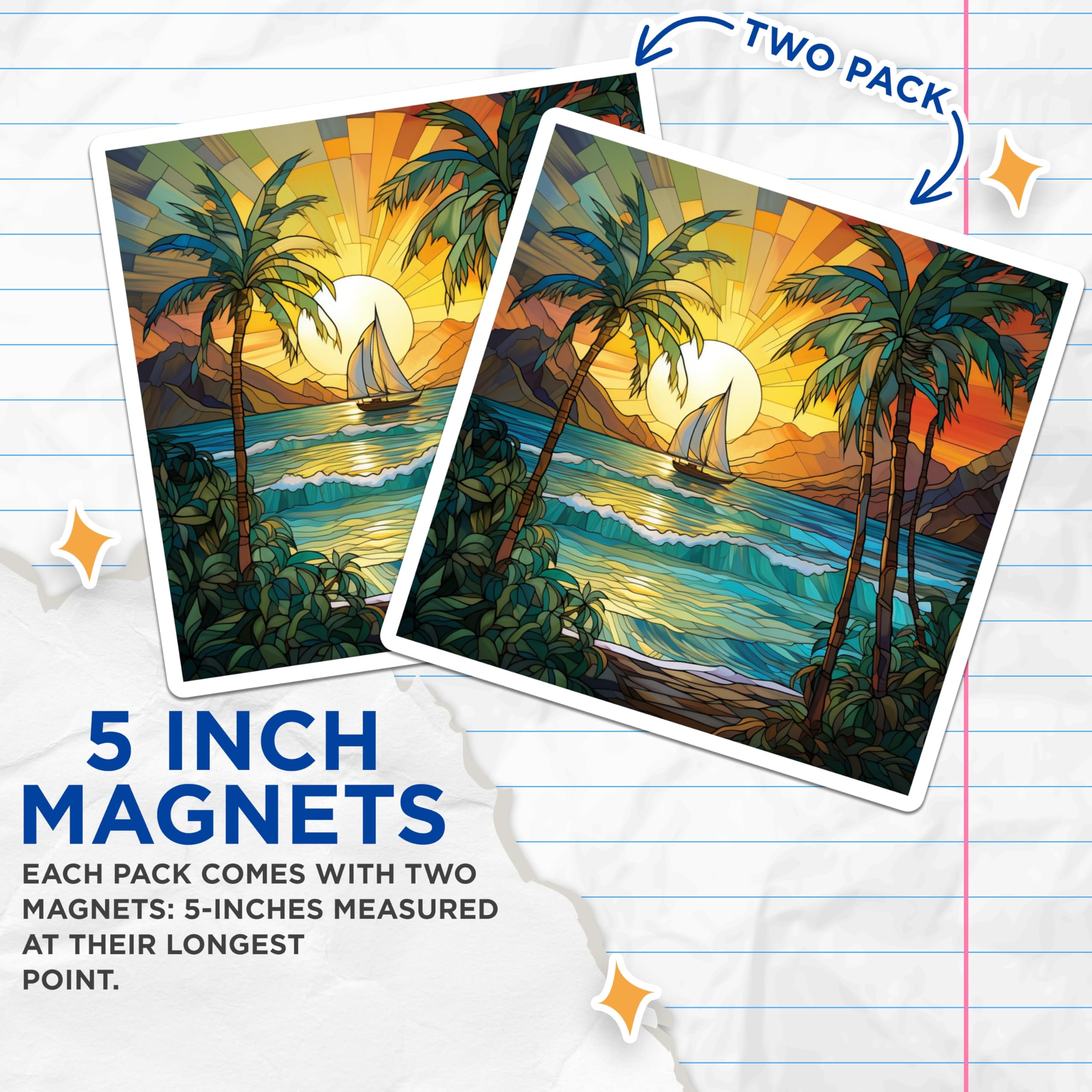 (2 Pack) Stained Glass Tropical Sunset Magnets - Palm Tree Beach Scene - Sailboat Ocean Art Decor - 5 Inches On Longest Side - Thick Durable Magnet - Made in USA - MAG25614