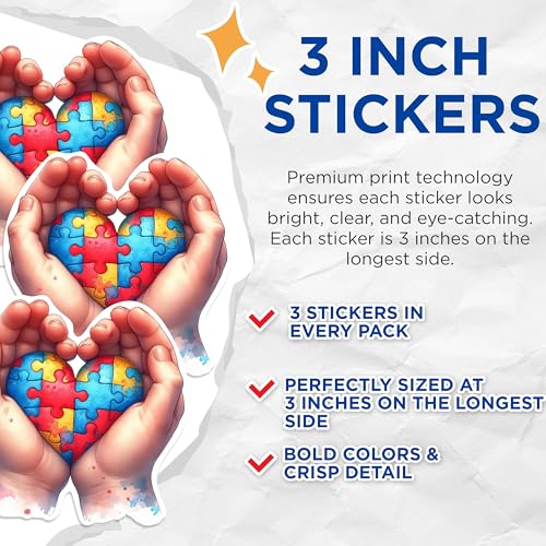 (3 Pack) Autism Awareness Decals - Heart Puzzle Piece - Laptop Decals - 3 Inches On Longest Side - Easy Peel & Apply - Made in USA - 3MCS0997