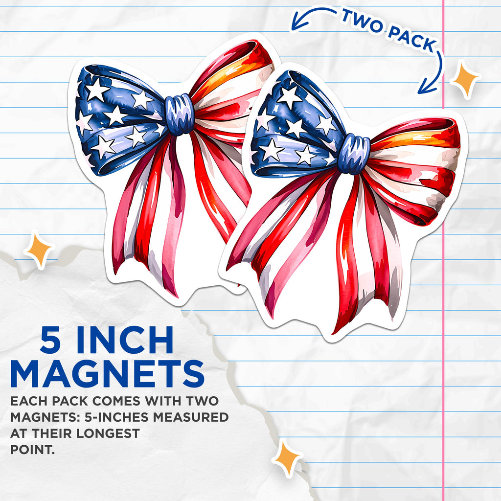 (2 Pack) American Flag Bow Magnets - Patriotic Fridge Decor - Independence Day Celebration - Memorial Day - 5 Inches On Longest Side - Thick Durable Magnet - Made in USA - MAG38631