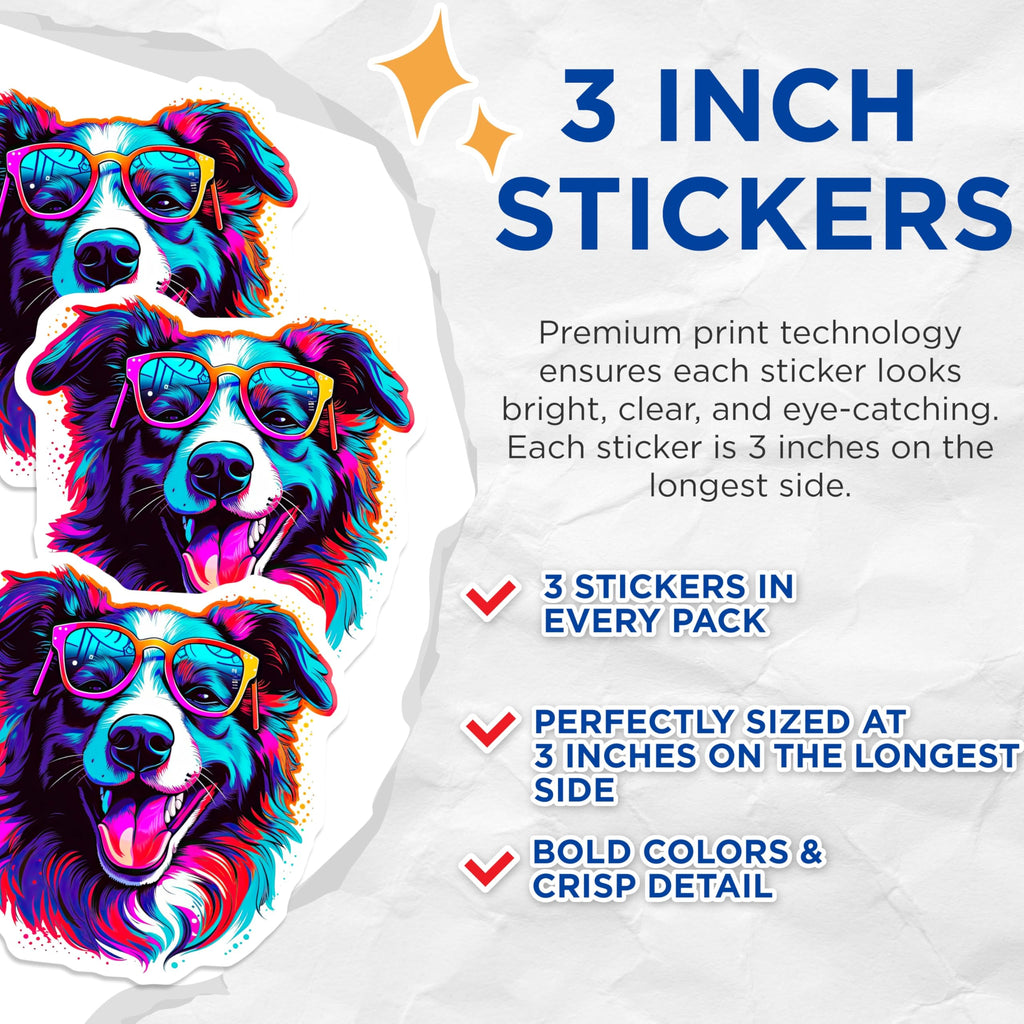(3 Pack) Cool Border Collie Decals - Colorful Dog Laptop Decals - Pet Lover Decal Pack- 3 Inches On Longest Side - Easy Peel & Apply - Made in USA - 3MCS5999