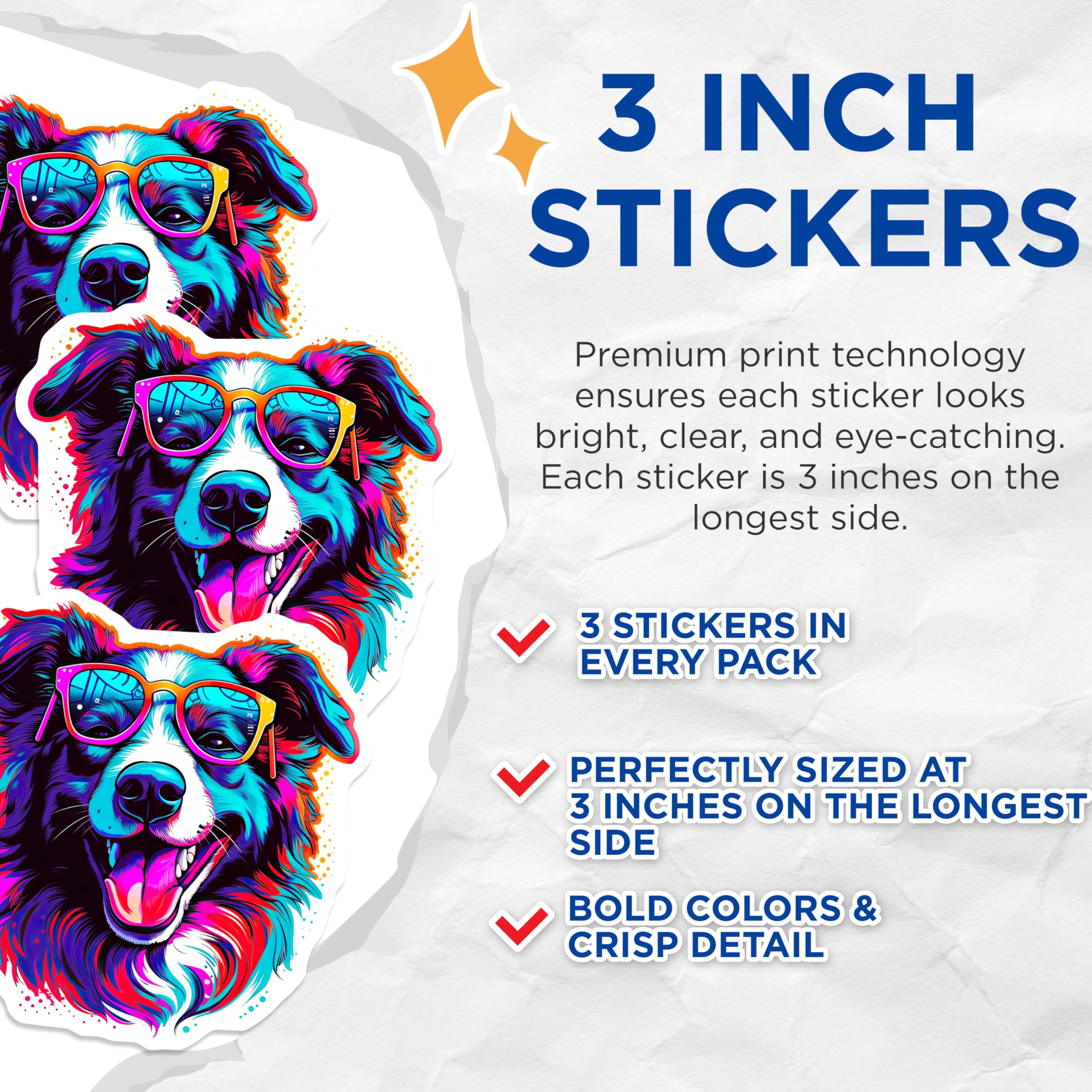 (3 Pack) Cool Border Collie Decals - Colorful Dog Laptop Decals - Pet Lover Decal Pack- 3 Inches On Longest Side - Easy Peel & Apply - Made in USA - 3MCS5999