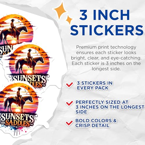 (3 Pack) Cowboy Horse Decals - Sunset and Saddles - Western Stickers- 3 Inches On Longest Side - Easy Peel & Apply - Made in USA - 3MCS5842