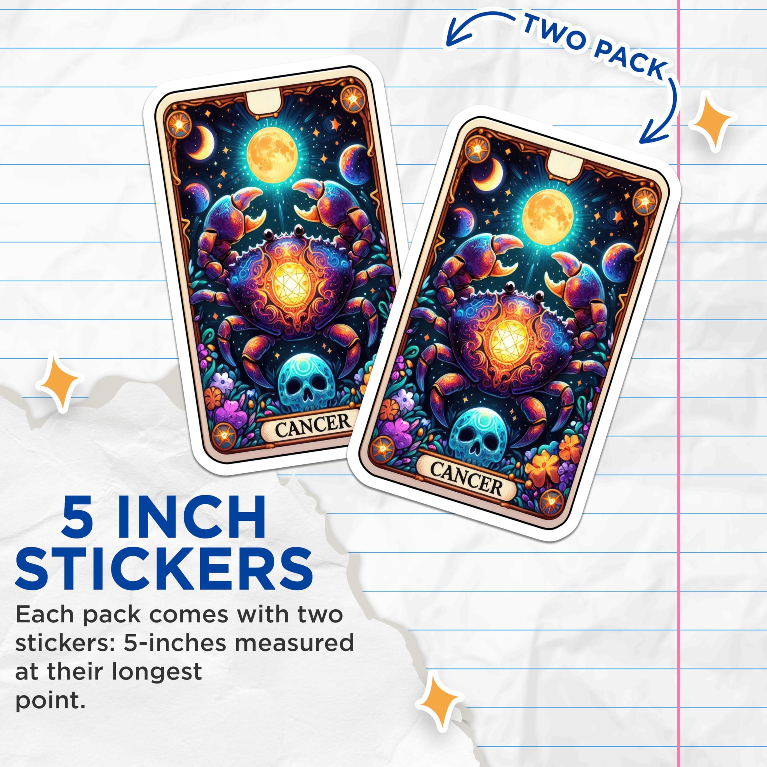 (2 Pack) Cancer Zodiac Stickers - Astrological Crab Stickers - Horoscope Sign Art Stickers - 5" On Longest Side - Sticks to Smooth Flat Surfaces - Made in USA - BMCS4801