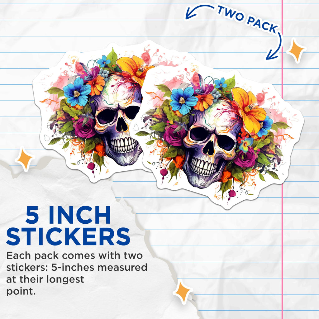 (2 Pack) Skull Art Stickers - Floral Skull Stickers - Colorful Skull Design Stickers - 5" On Longest Side - Sticks to Smooth Flat Surfaces - Made in USA - BMCS4241